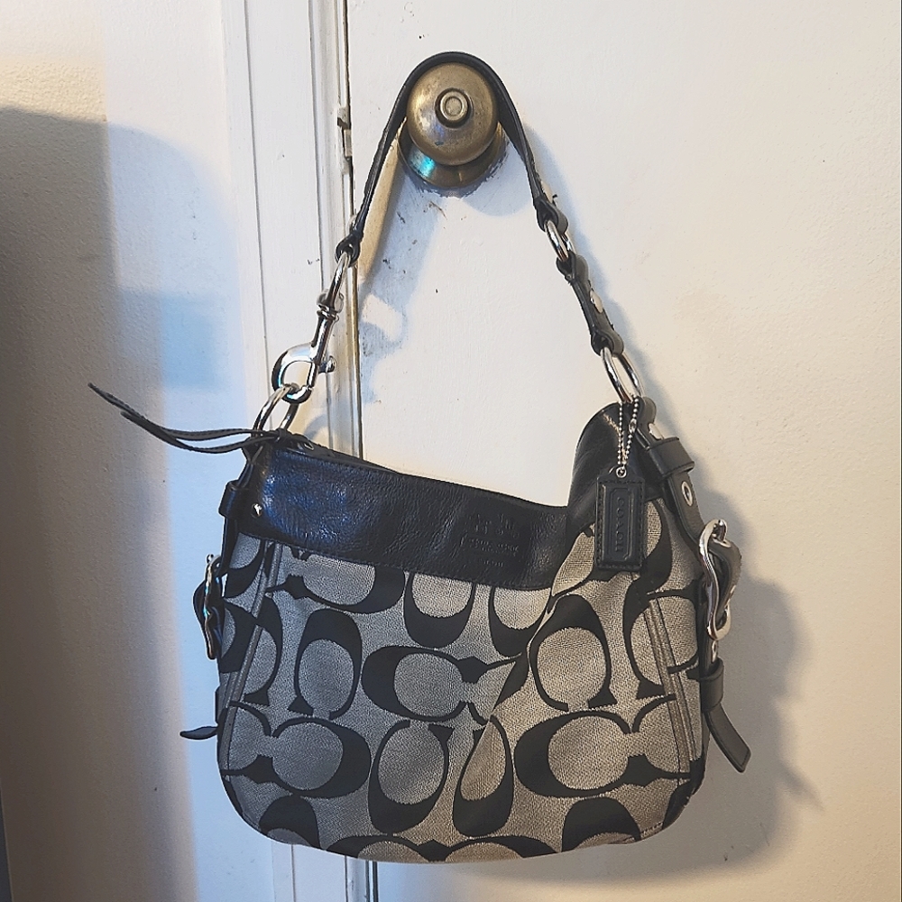 COACH ZOE 12674 Brown Jacquard Leather Large Hobo Shoulder Bag